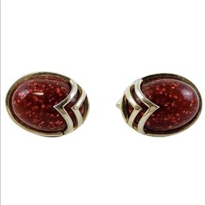Vintage Swank Gold Tone Red Maroon Glitter Cabochon Oval Cufflinks